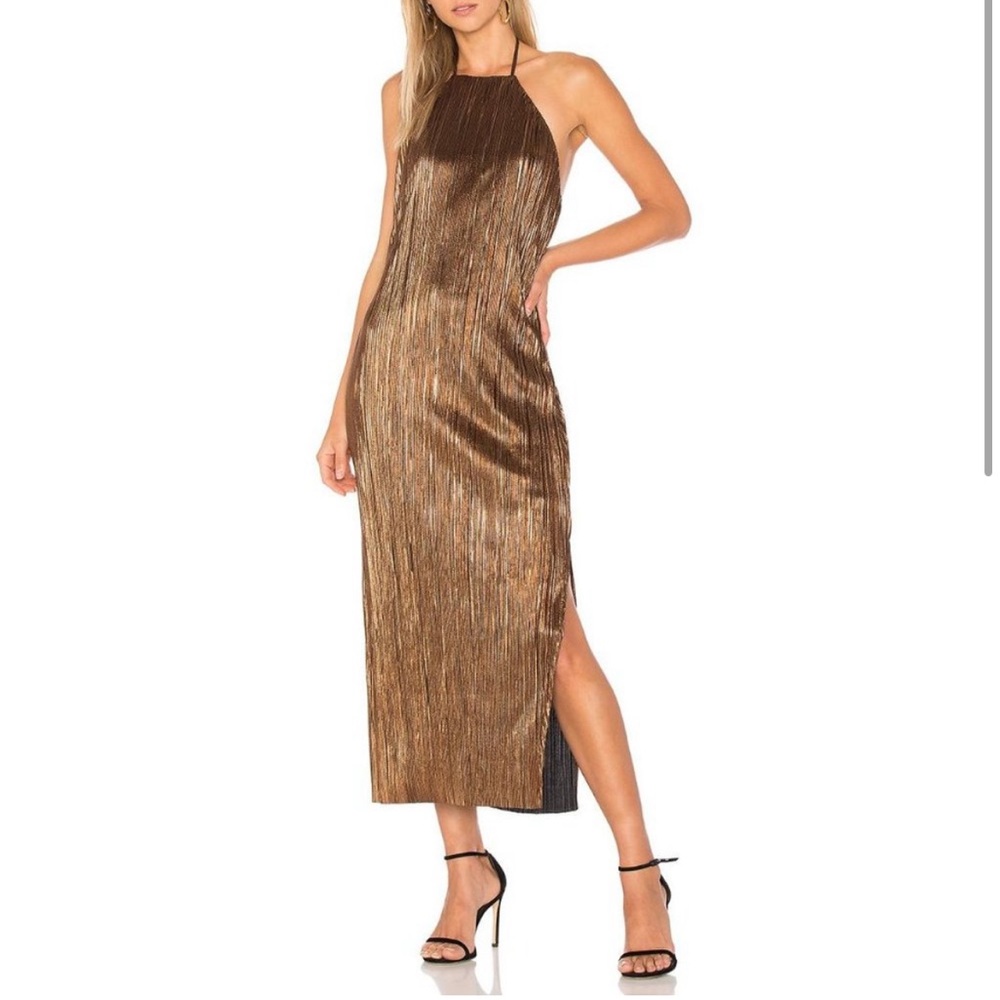 House of Harlow 1960 Frederick Dress Bronze Metallic Halter Plisse Pleats CC12